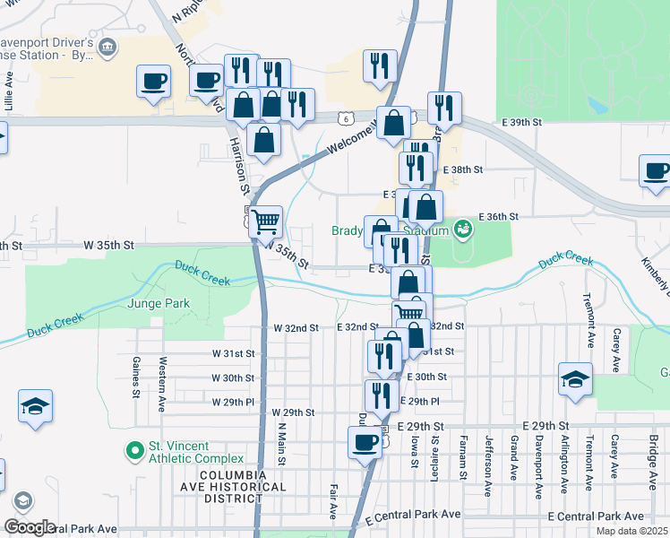 map of restaurants, bars, coffee shops, grocery stores, and more near 105 East 35th Street in Davenport