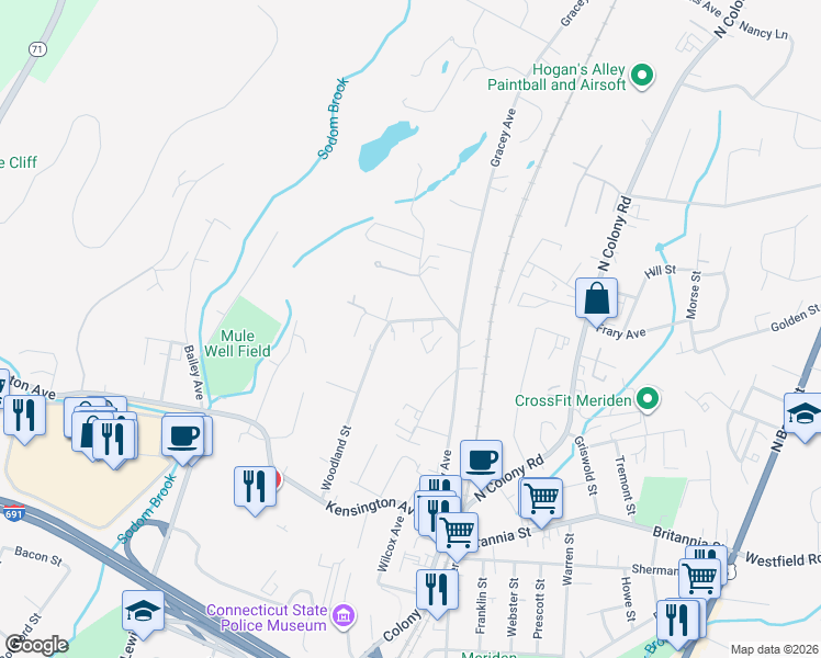 map of restaurants, bars, coffee shops, grocery stores, and more near 191 East Woodland Street in Meriden
