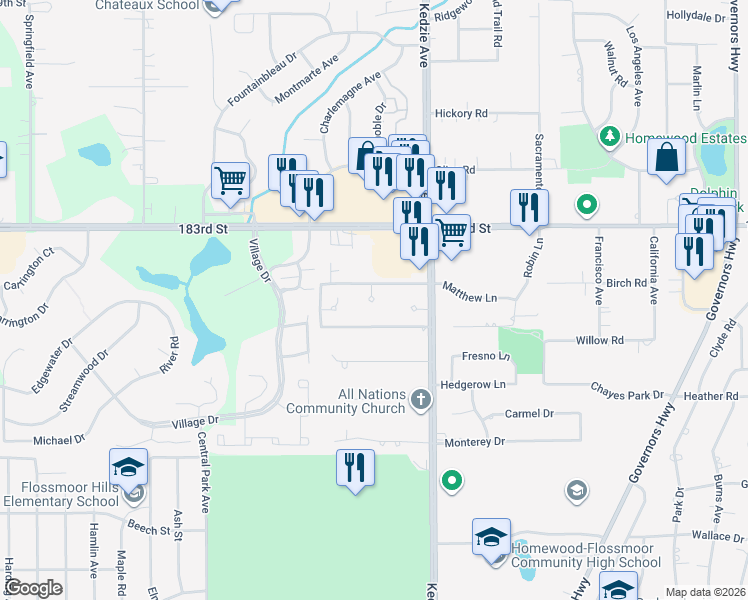 map of restaurants, bars, coffee shops, grocery stores, and more near 18418 Kedzie Avenue in Homewood