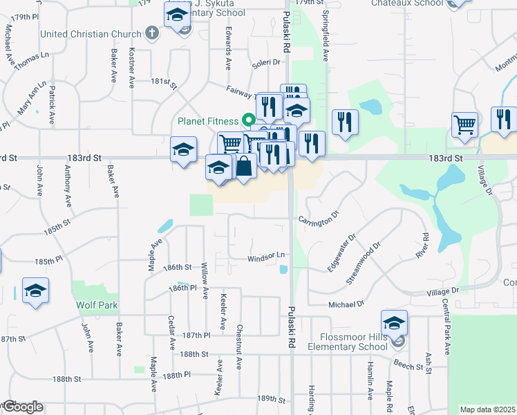 map of restaurants, bars, coffee shops, grocery stores, and more near 184 Williamsburg Road in Country Club Hills