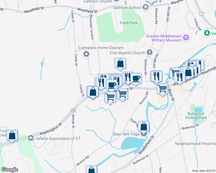 map of restaurants, bars, coffee shops, grocery stores, and more near 900 Washington Street in Middletown