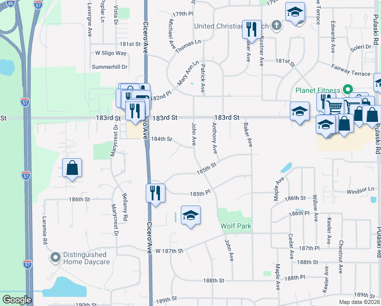 map of restaurants, bars, coffee shops, grocery stores, and more near 18430 John Avenue in Country Club Hills