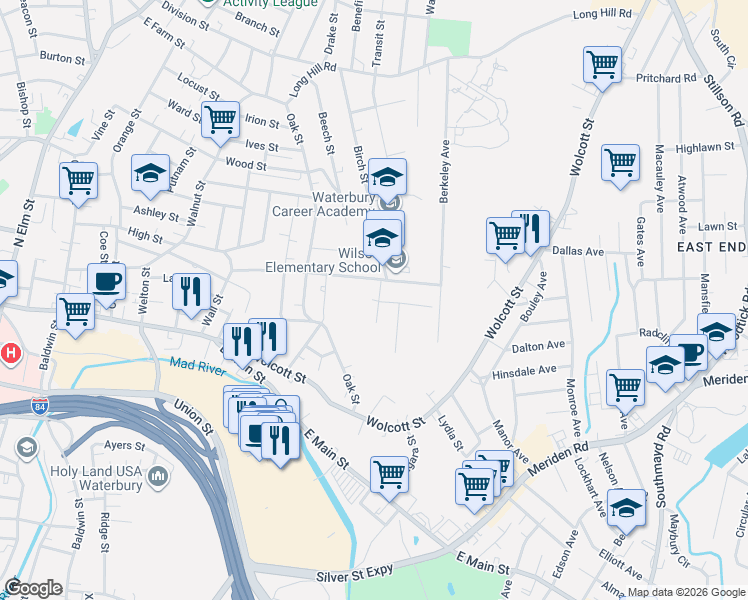map of restaurants, bars, coffee shops, grocery stores, and more near 38 Hobart Street in Waterbury