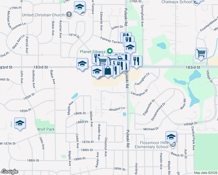 map of restaurants, bars, coffee shops, grocery stores, and more near 171 Williamsburg Road in Country Club Hills