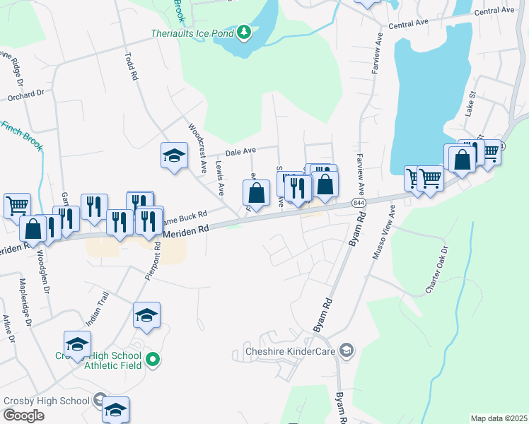 map of restaurants, bars, coffee shops, grocery stores, and more near 1563 Meriden Road in Wolcott