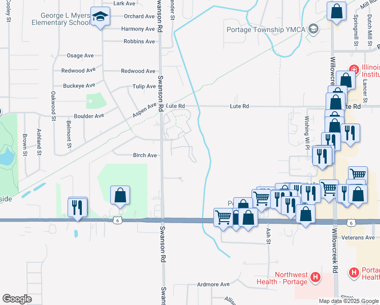map of restaurants, bars, coffee shops, grocery stores, and more near 12 Willowdale Court in Portage