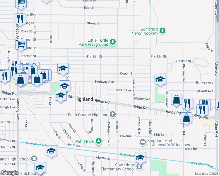 map of restaurants, bars, coffee shops, grocery stores, and more near 8723-8733 Park Drive in Highland