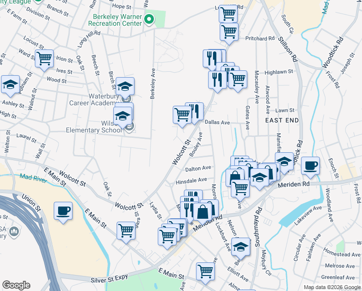 map of restaurants, bars, coffee shops, grocery stores, and more near 430 Wolcott Street in Waterbury