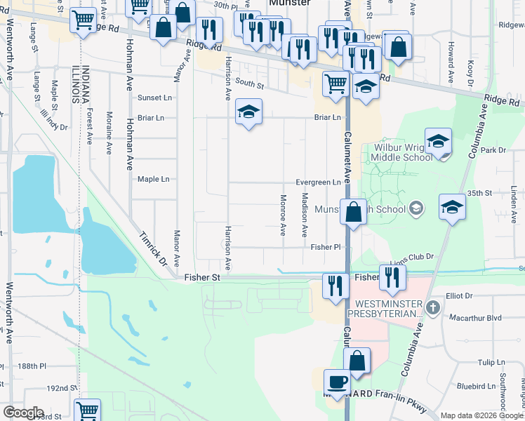 map of restaurants, bars, coffee shops, grocery stores, and more near 549 Cedar Court in Munster