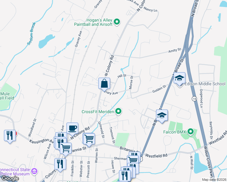 map of restaurants, bars, coffee shops, grocery stores, and more near 59 Frary Avenue in Meriden