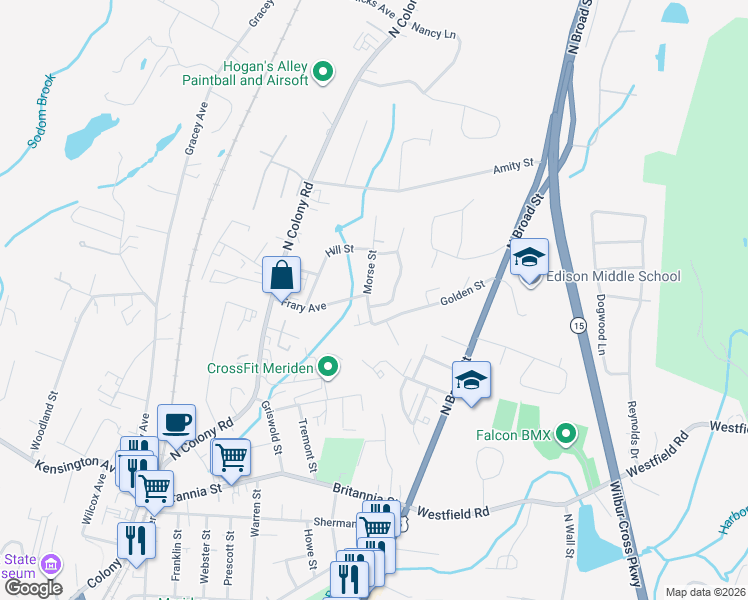map of restaurants, bars, coffee shops, grocery stores, and more near 145 Golden Street in Meriden