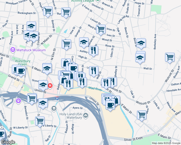 map of restaurants, bars, coffee shops, grocery stores, and more near 26 William Street in Waterbury