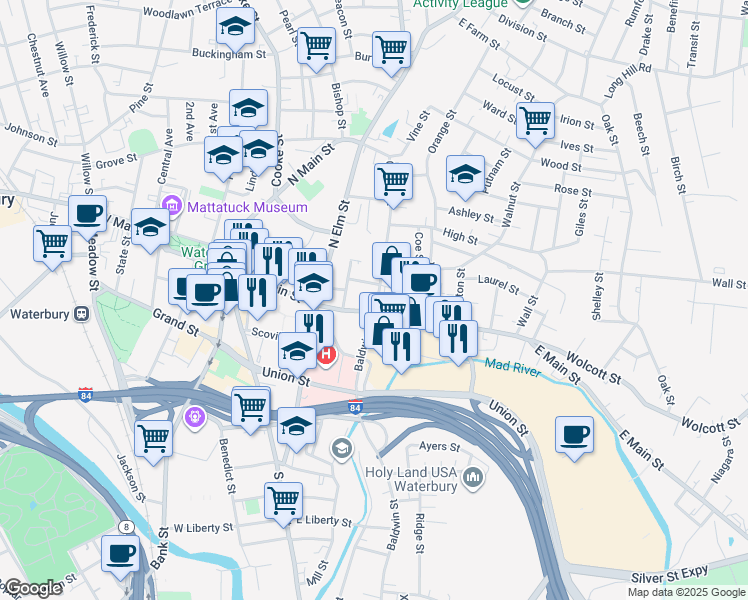 map of restaurants, bars, coffee shops, grocery stores, and more near 332 East Main Street in Waterbury