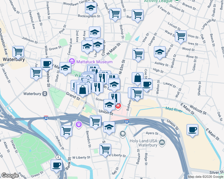 map of restaurants, bars, coffee shops, grocery stores, and more near 95 Scovill Street in Waterbury