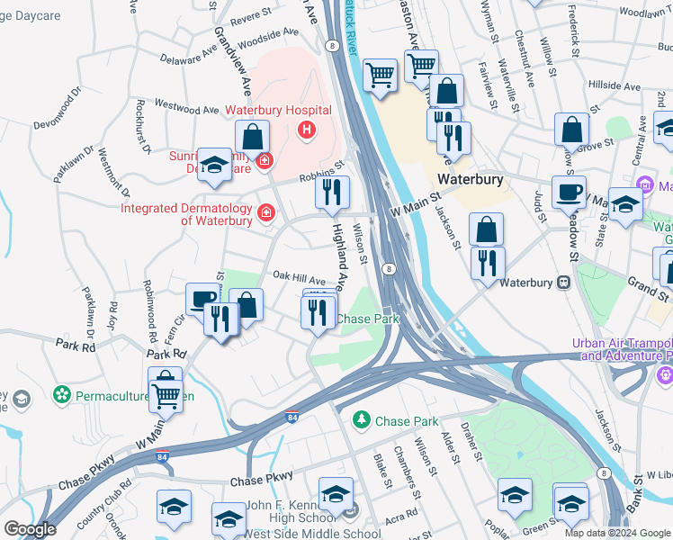 map of restaurants, bars, coffee shops, grocery stores, and more near 85 Highland Avenue in Waterbury