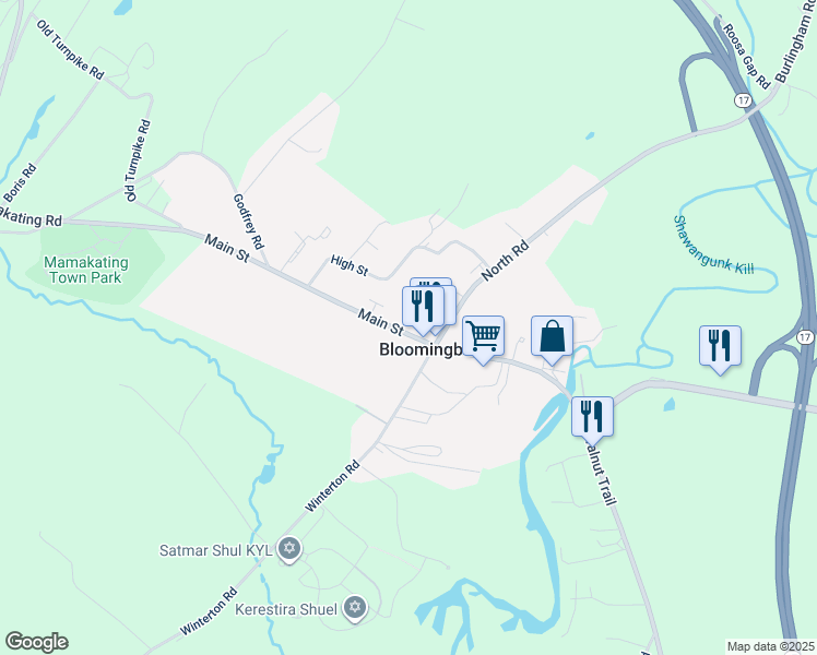 map of restaurants, bars, coffee shops, grocery stores, and more near 85 Main Street in Bloomingburg