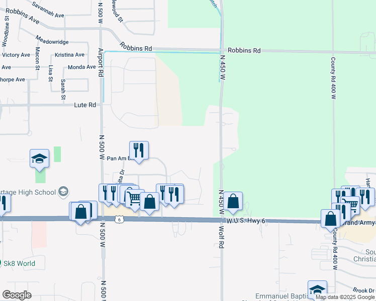 map of restaurants, bars, coffee shops, grocery stores, and more near 6600-6698 Wind Jammer Way in Portage