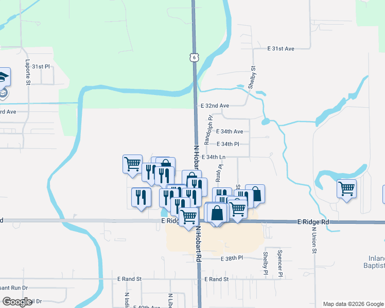 map of restaurants, bars, coffee shops, grocery stores, and more near 3462 N Hobart Rd in Hobart