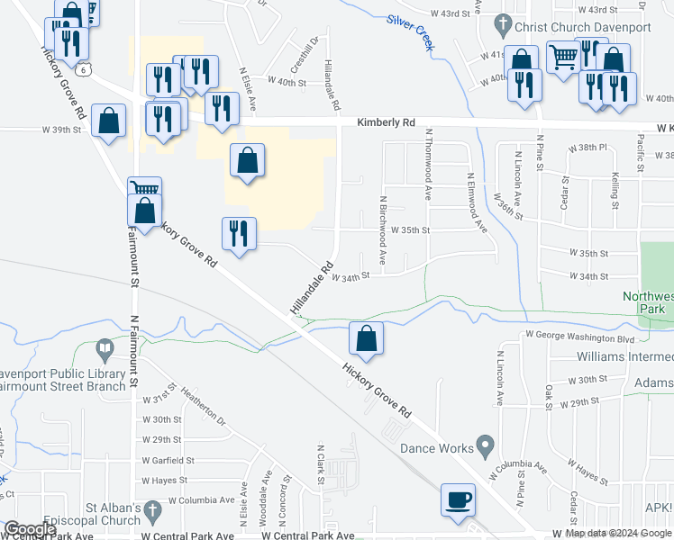 map of restaurants, bars, coffee shops, grocery stores, and more near 2917 W 34th St in Davenport