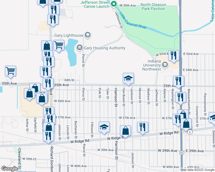 map of restaurants, bars, coffee shops, grocery stores, and more near 3504 Tyler Street in Gary