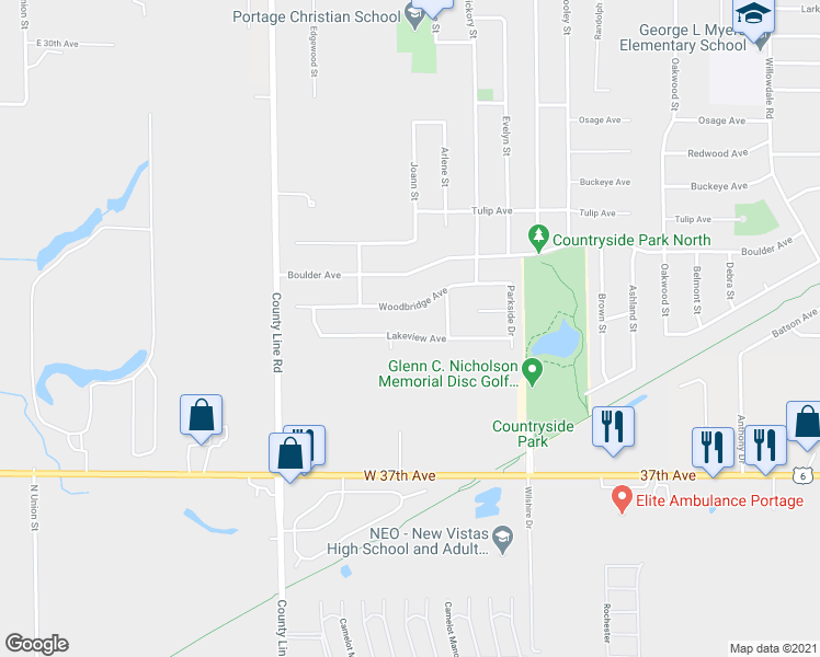 map of restaurants, bars, coffee shops, grocery stores, and more near 5134 Lakeview Avenue in Portage