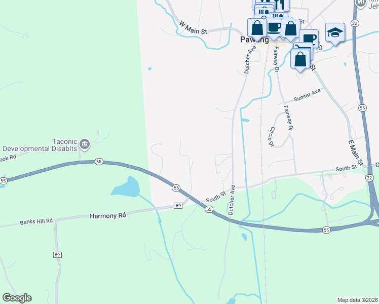 map of restaurants, bars, coffee shops, grocery stores, and more near 36 Valley View Ln in Pawling