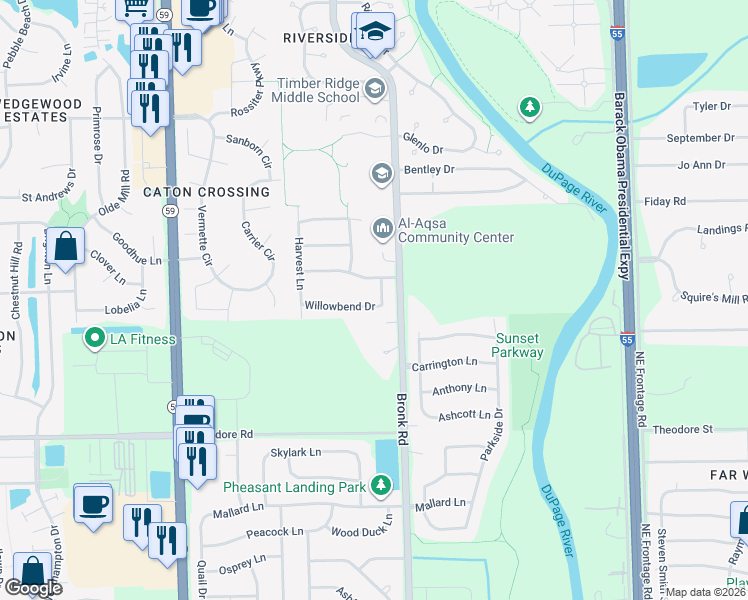 map of restaurants, bars, coffee shops, grocery stores, and more near 4404 Willowbend Drive in Plainfield