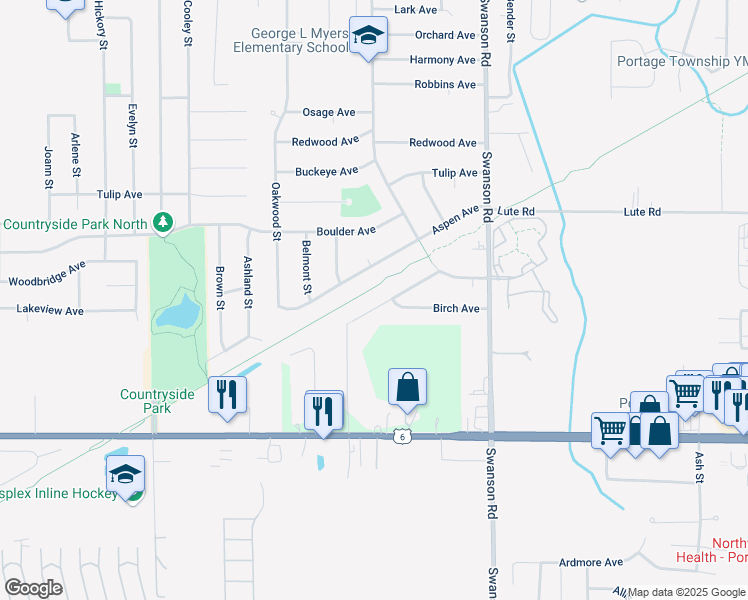 map of restaurants, bars, coffee shops, grocery stores, and more near Baston Ave in Portage