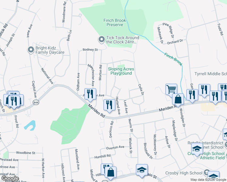 map of restaurants, bars, coffee shops, grocery stores, and more near 86 Harland Avenue in Waterbury