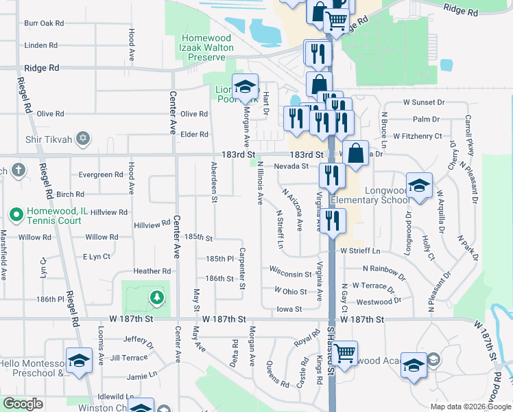 map of restaurants, bars, coffee shops, grocery stores, and more near 500 North Illinois Avenue in Glenwood