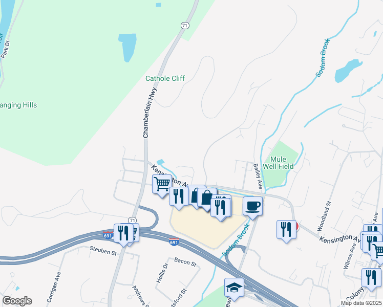 map of restaurants, bars, coffee shops, grocery stores, and more near 26 Sams Road in Meriden