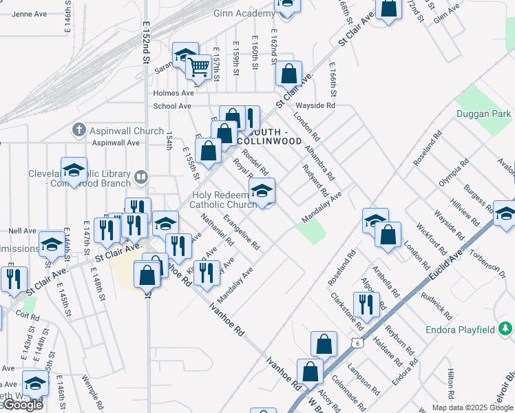 map of restaurants, bars, coffee shops, grocery stores, and more near 15720 Kipling Avenue in Cleveland