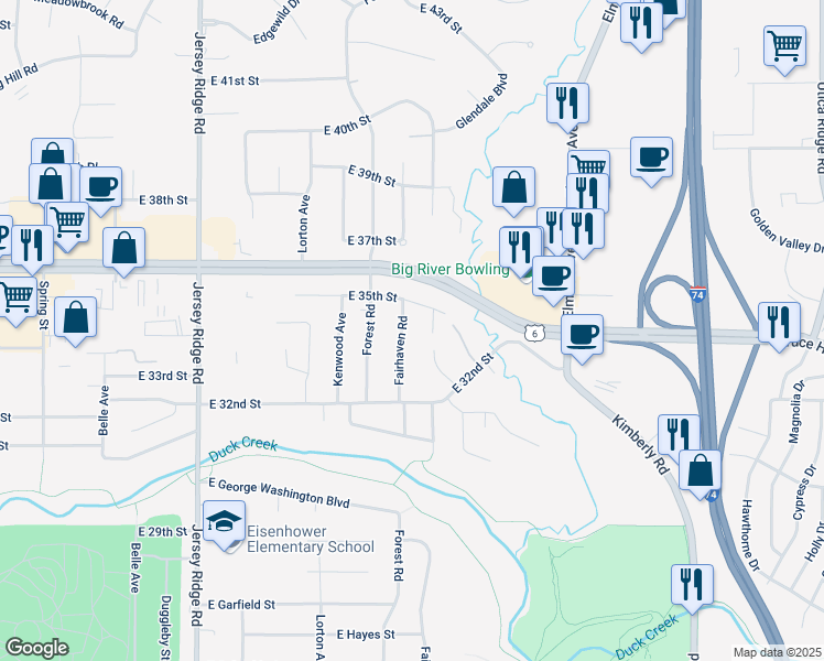 map of restaurants, bars, coffee shops, grocery stores, and more near 3316 Fairhaven Road in Davenport