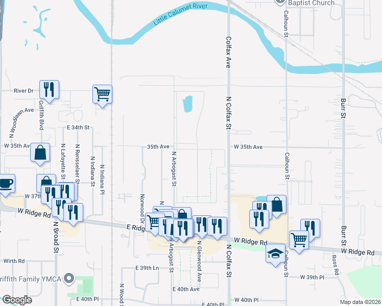 map of restaurants, bars, coffee shops, grocery stores, and more near 1844 North Mansard Boulevard in Griffith