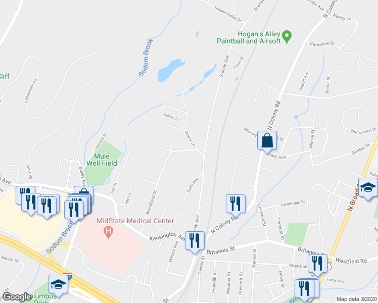 map of restaurants, bars, coffee shops, grocery stores, and more near 191 East Woodland Street in Meriden