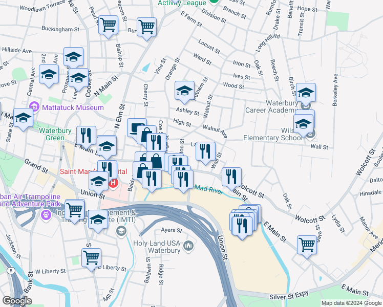 map of restaurants, bars, coffee shops, grocery stores, and more near 14 Welton Street in Waterbury