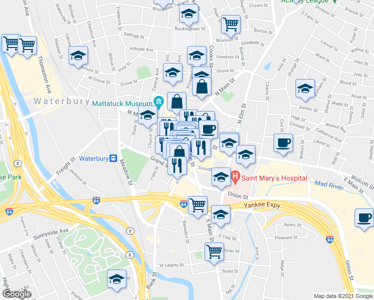 map of restaurants, bars, coffee shops, grocery stores, and more near 96 Bank Street in Waterbury