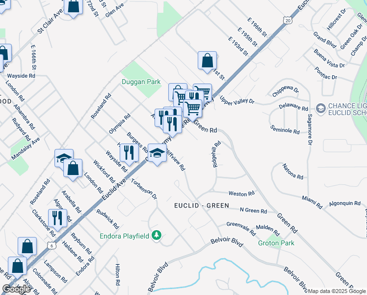 map of restaurants, bars, coffee shops, grocery stores, and more near 18160 Euclid Avenue in Cleveland