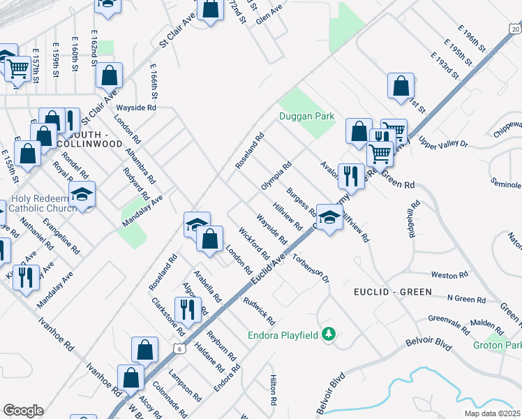 map of restaurants, bars, coffee shops, grocery stores, and more near 1720 Wayside Road in Cleveland