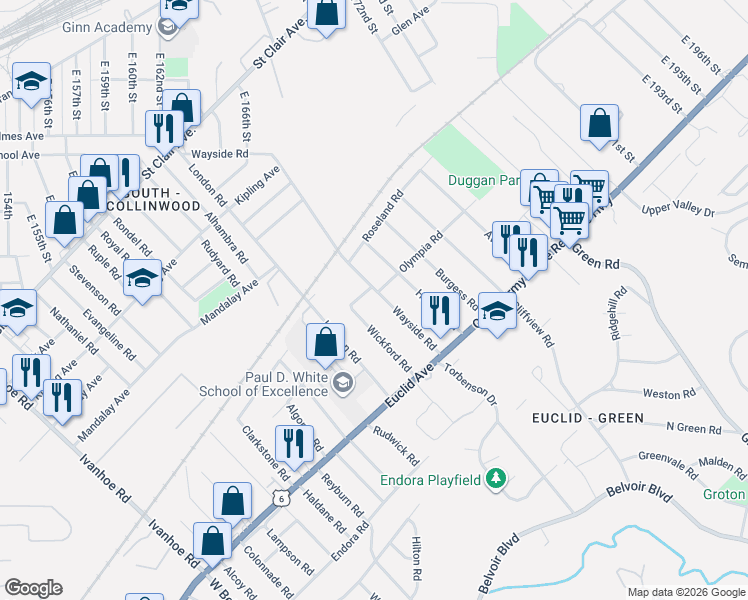 map of restaurants, bars, coffee shops, grocery stores, and more near 1720 Wayside Road in Cleveland