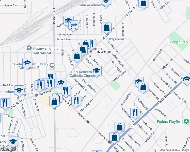 map of restaurants, bars, coffee shops, grocery stores, and more near 957 Stevenson Road in Cleveland