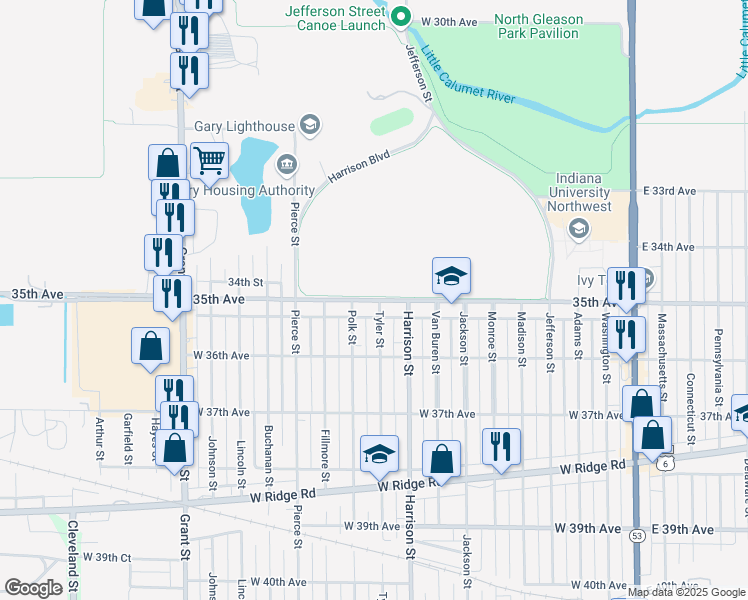 map of restaurants, bars, coffee shops, grocery stores, and more near 917 West 35th Avenue in Gary
