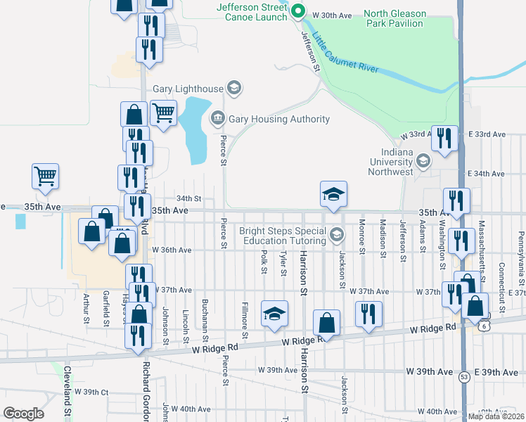 map of restaurants, bars, coffee shops, grocery stores, and more near 3201 Pierce Street in Gary