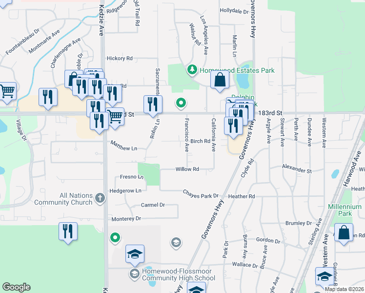 map of restaurants, bars, coffee shops, grocery stores, and more near 18422 Francisco Avenue in Homewood