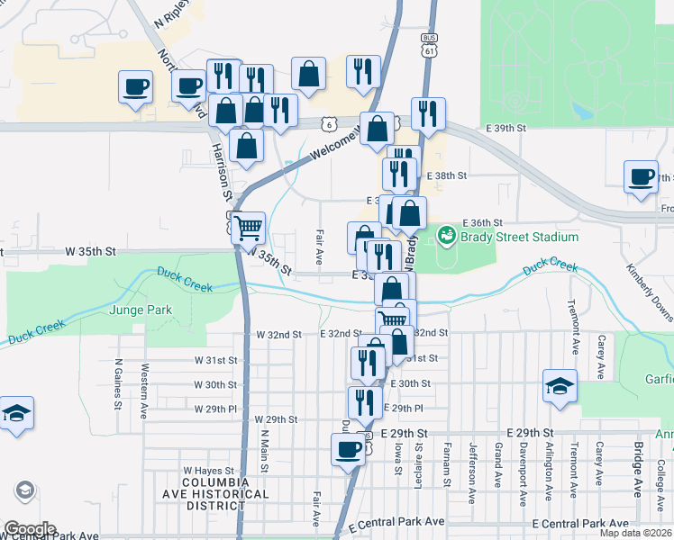 map of restaurants, bars, coffee shops, grocery stores, and more near 118 East 35th Street in Davenport