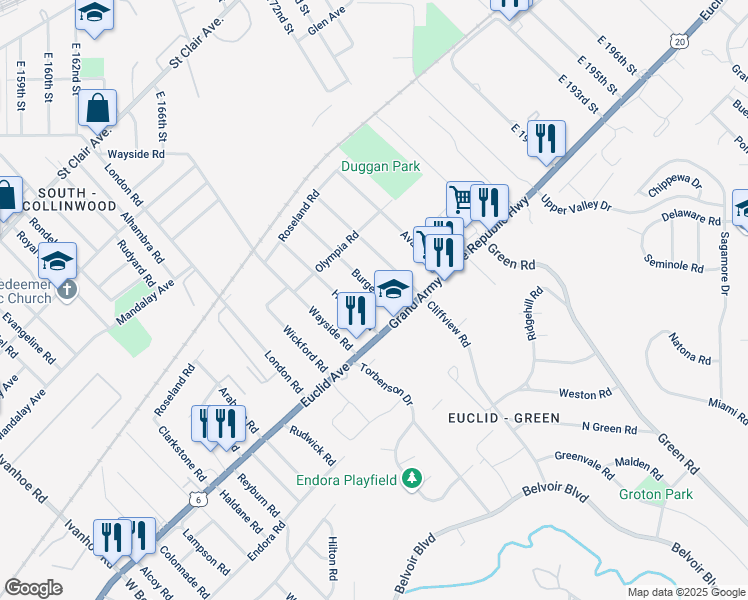 map of restaurants, bars, coffee shops, grocery stores, and more near 1775 Hillview Road in Cleveland