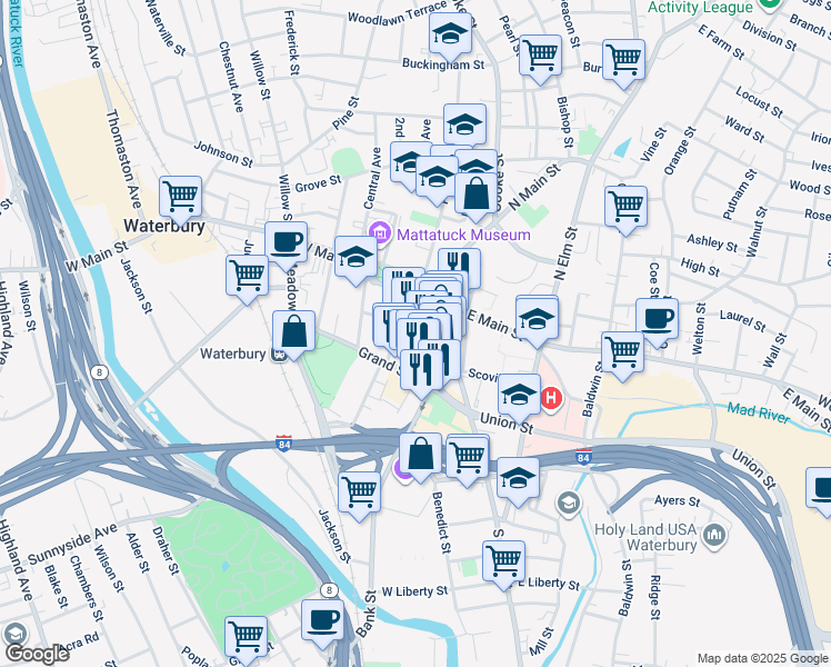 map of restaurants, bars, coffee shops, grocery stores, and more near 44 Center Street in Waterbury