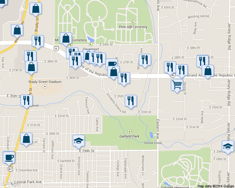 map of restaurants, bars, coffee shops, grocery stores, and more near 1230 East 35th Street in Davenport