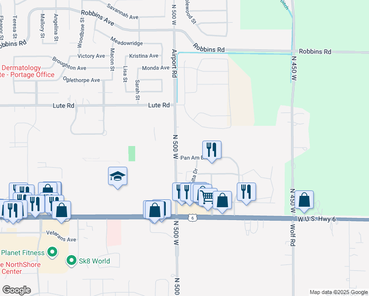 map of restaurants, bars, coffee shops, grocery stores, and more near 3300 Portside in Portage