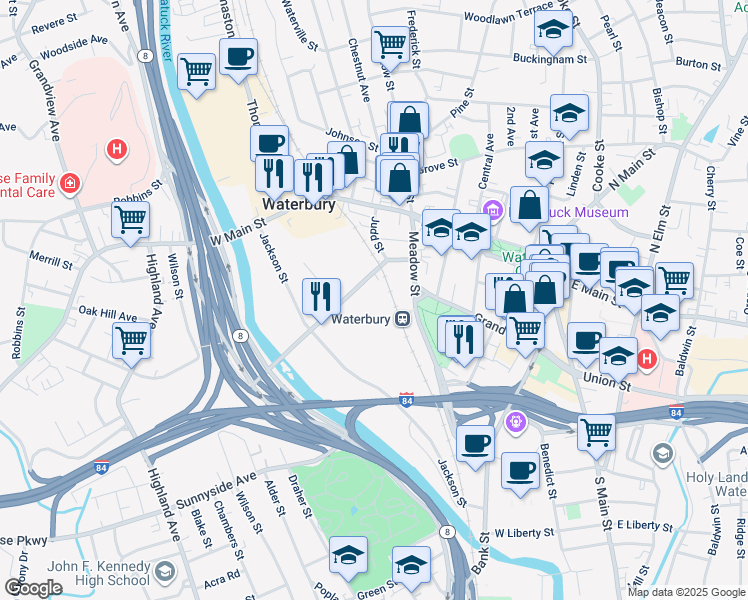 map of restaurants, bars, coffee shops, grocery stores, and more near 131 Freight Street in Waterbury